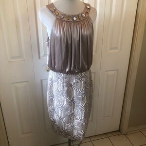 Jessica Howard Taupe Embellished Top with Silver Patterned Pencil Skirt